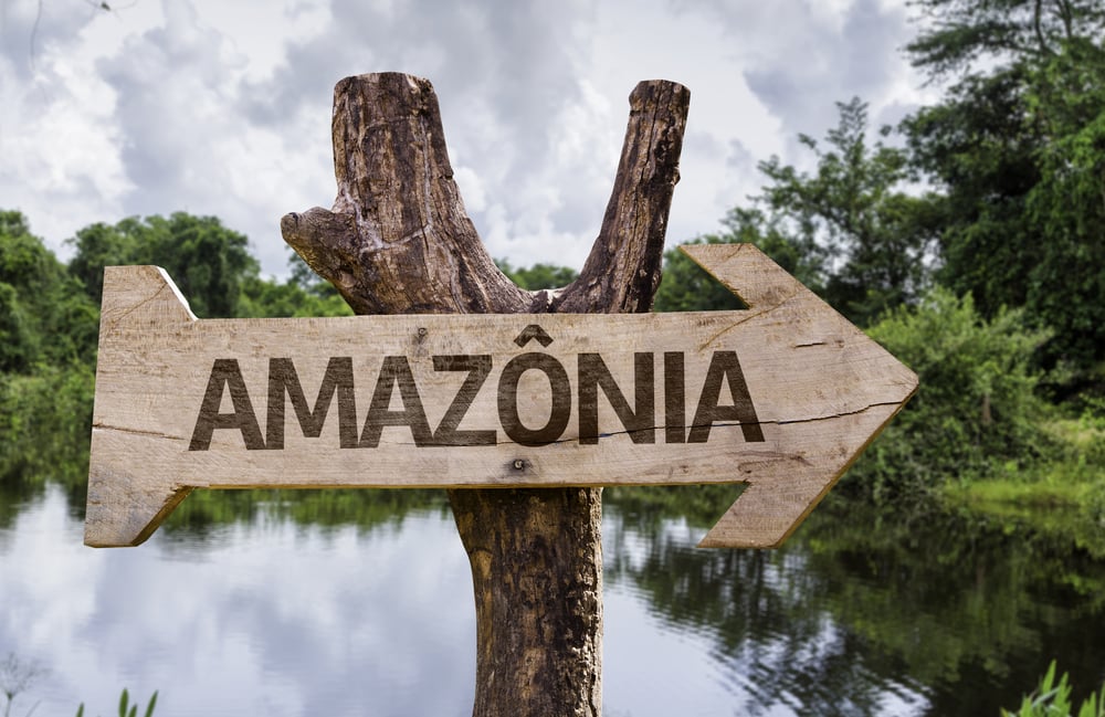 Amazonia (In portuguese - Amazon Rainforest) wooden sign on a forest background